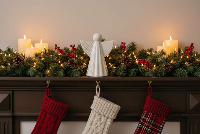 Ceramic Angel Decoration on a Festive Mantel with Stockings and Holiday Lights