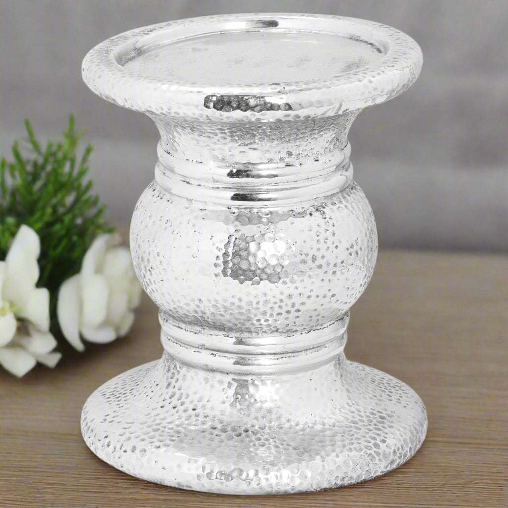 Silver Punch Faced Large Ceramic Candle Holder SILVER CERAMIC Shades 4 Seasons