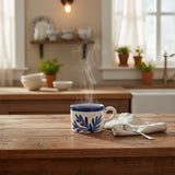 Selbrae House Ceramic Espresso Cup with Blue Floral Design and Steam Rising, Placed on Wooden Table