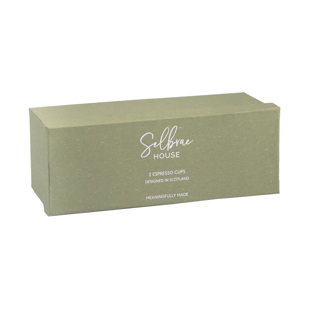 Selbrae House Ceramic Espresso Cups packaged in an eco-friendly box, designed in Scotland