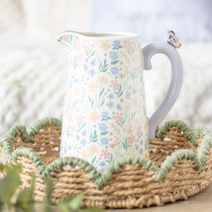 Ditsy Floral Print Ceramic Flower Jug with Butterfly N/A