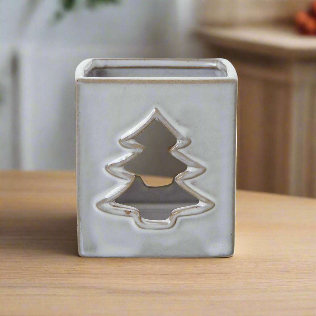 White Ceramic Tree Cut-Out Square Tealight Holder WHITE CERAMIC Shades 4 Seasons