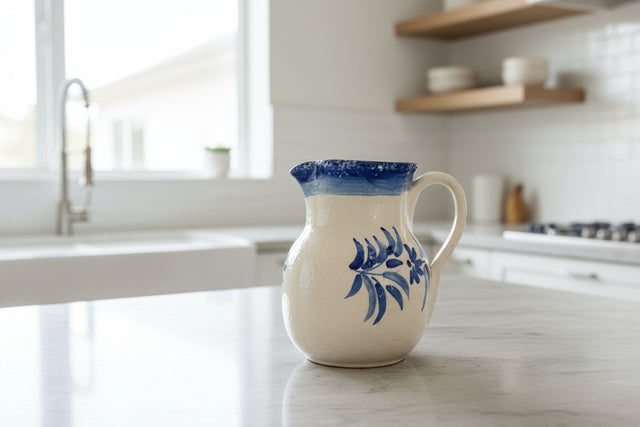 Selbrae House Ceramic Jug with Blue Floral Design on a Marble Kitchen Counter