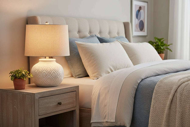 Squat White Beaded Ceramic Lamp With Linen Shade WHITE CERAMIC Shades 4 Seasons