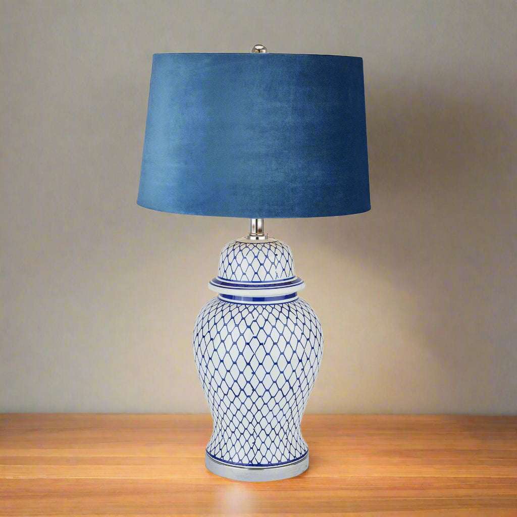 Malabar Blue And White Ceramic Lamp With Blue Velvet Shade WHITE CERAMIC Shades 4 Seasons