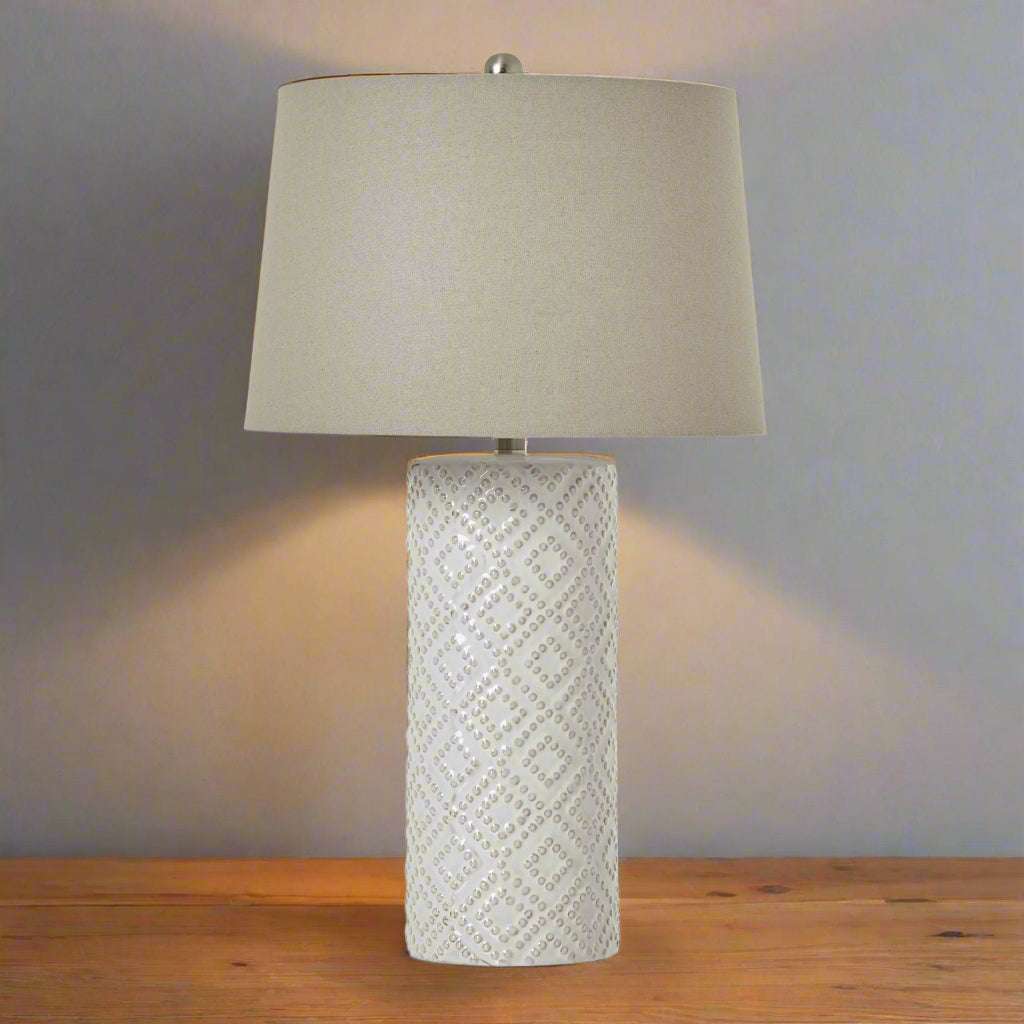 White Beaded Ceramic Lamp With Linen Shade WHITE CERAMIC Shades 4 Seasons