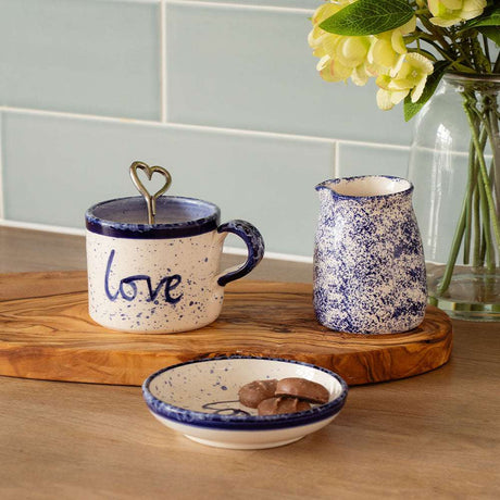 Selbrae House Ceramic Mug with Love Inscription, Accompanied by a Creamer and Plate on a Wooden Board
