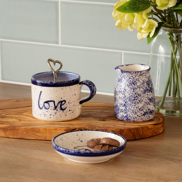 Selbrae House Ceramic Mug with Love Inscription, Accompanied by a Creamer and Plate on a Wooden Board