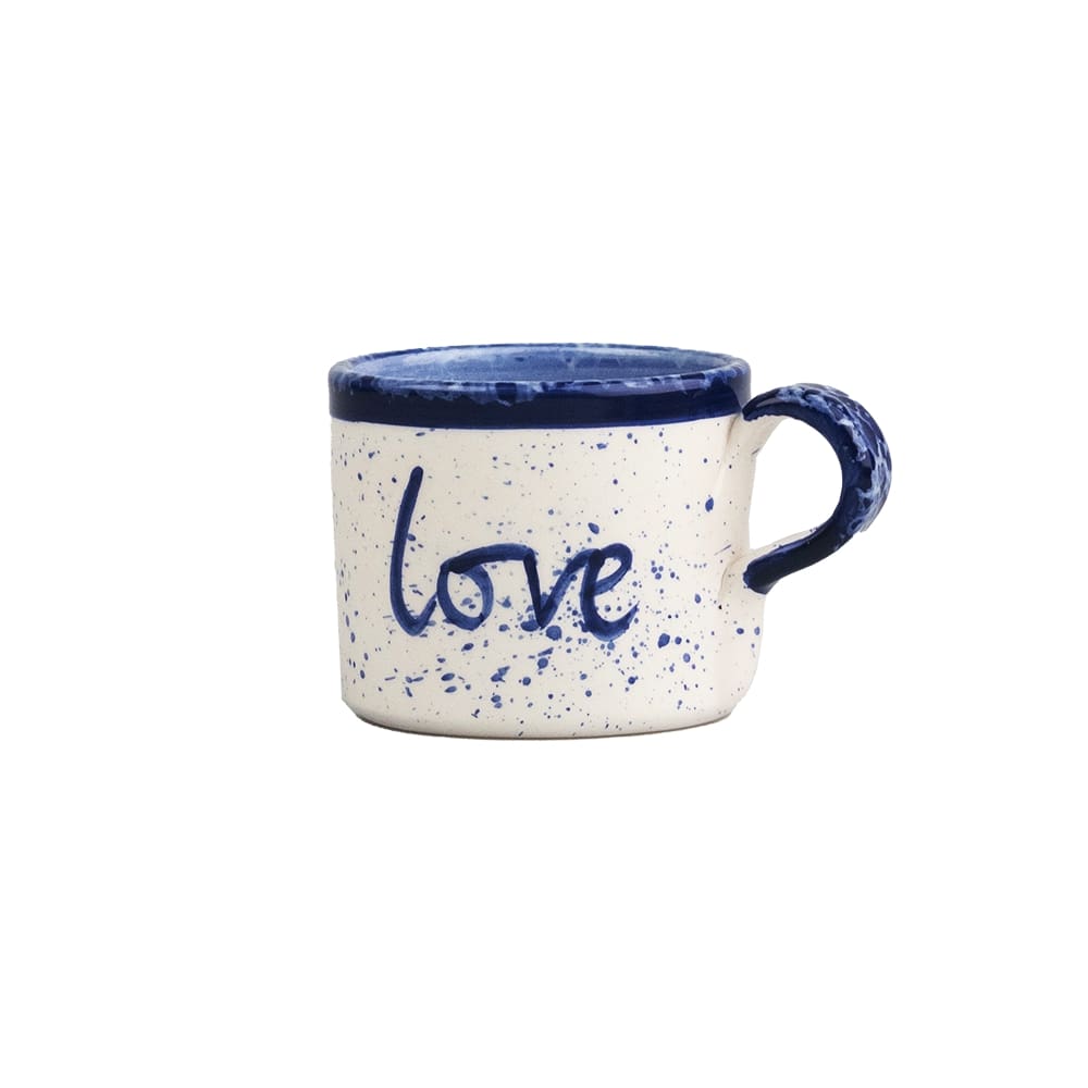 Selbrae House Ceramic Mug with 'love' inscription and a speckled design in white and blue