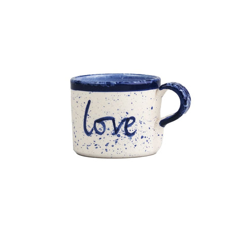 Selbrae House Ceramic Mug with 'love' inscription and a speckled design in white and blue
