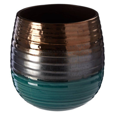 Orsina Ceramic Planter with a unique striped design in brown and teal for stylish indoor plants