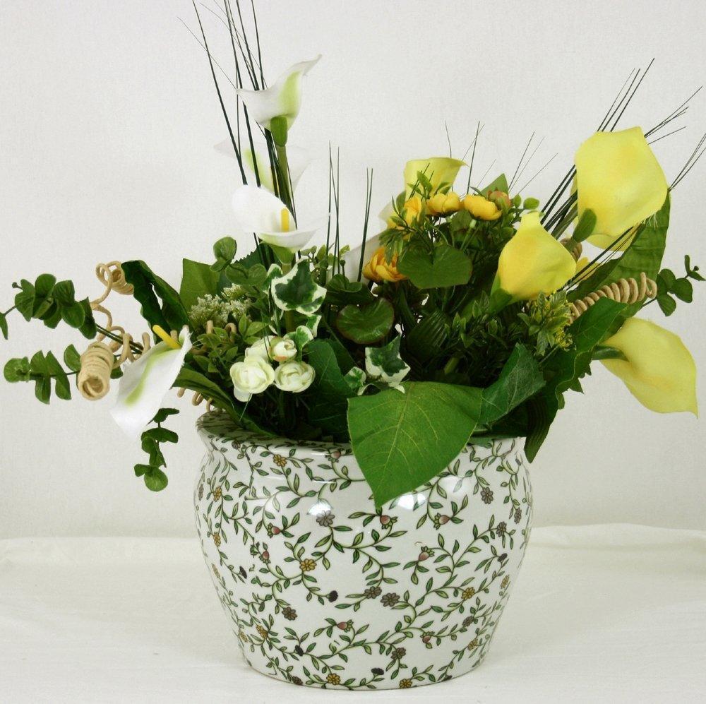 Ceramic Planter, Vintage Green & White Floral Design Geko Products