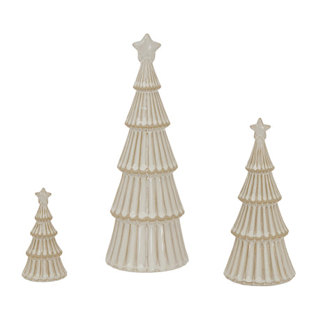 Set of three ceramic Christmas decorations featuring snowy layered tree designs in varying heights