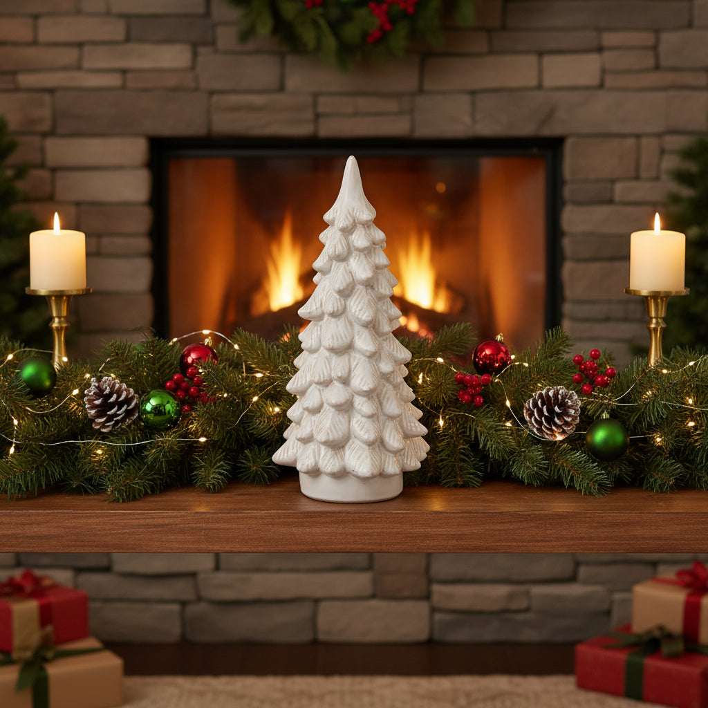 Ceramic Snowy Tree decoration on festive mantel with candles and greenery for Christmas room decor