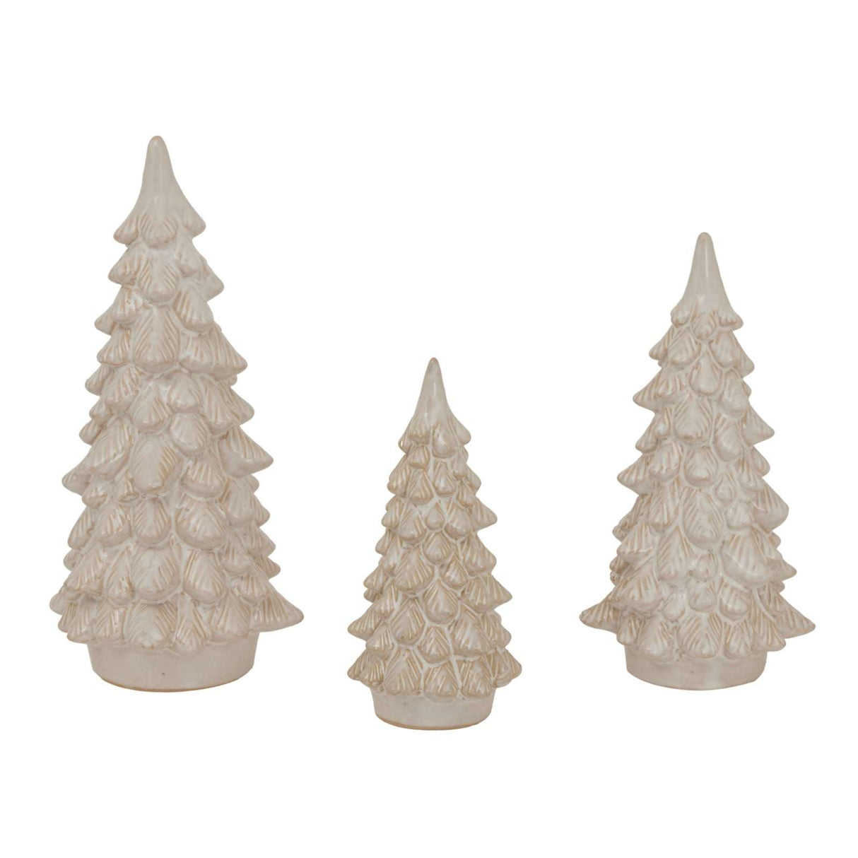 Set of three ceramic snowy tree decorations in varying heights for festive home decor