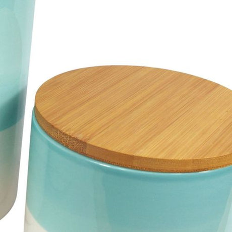 Set of Three Canisters Aqua Green Ceramic Storage Jars with Lids Leaf