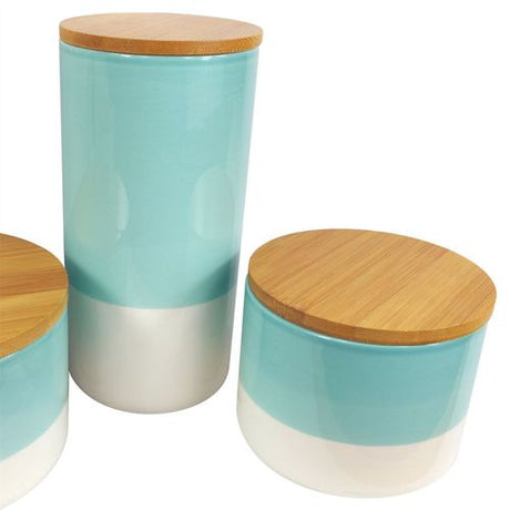 Set of Three Canisters Aqua Green Ceramic Storage Jars with Lids Leaf