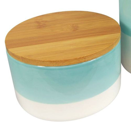 Set of Three Canisters Aqua Green Ceramic Storage Jars with Lids Leaf