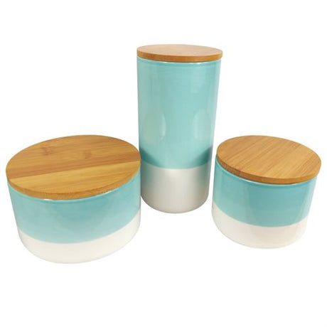 Set of Three Canisters Aqua Green Ceramic Storage Jars with Lids Leaf