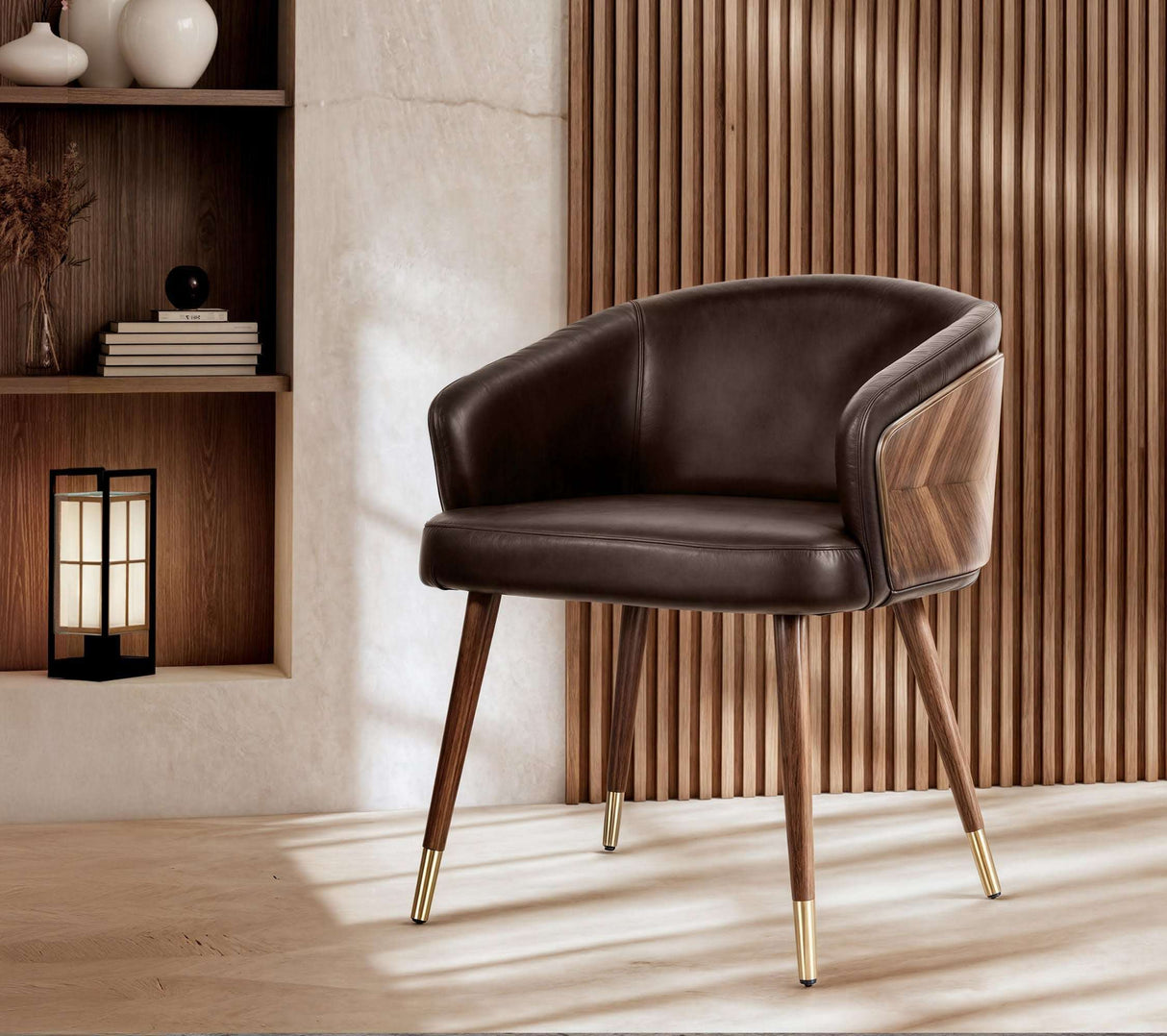 Nisu Home Modern Brown Leather Chair with Stylish Wooden Accents and Elegant Gold Legs