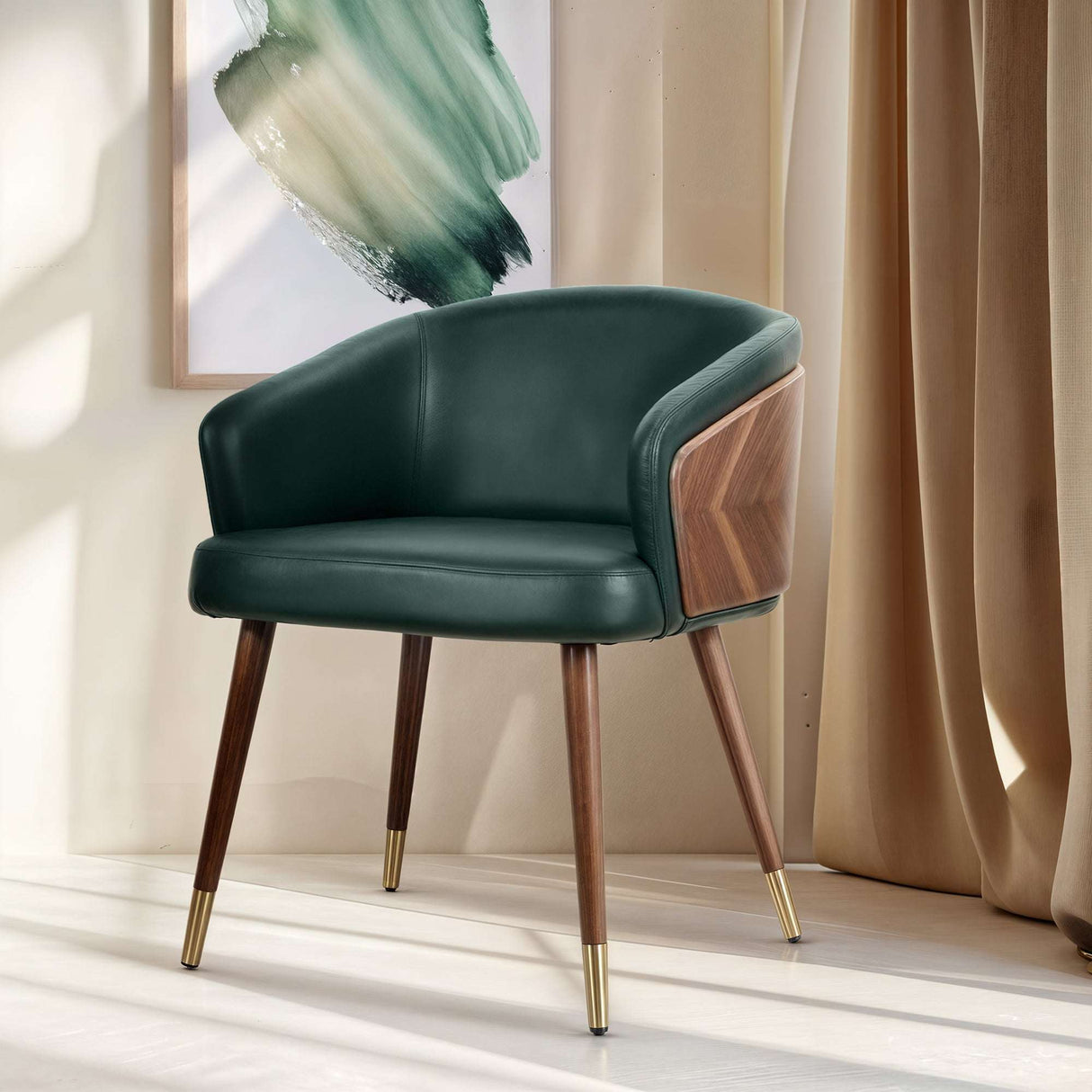 Nisu Home Modern Green Leather Chair with Wooden Legs and Elegant Design for Stylish Interiors