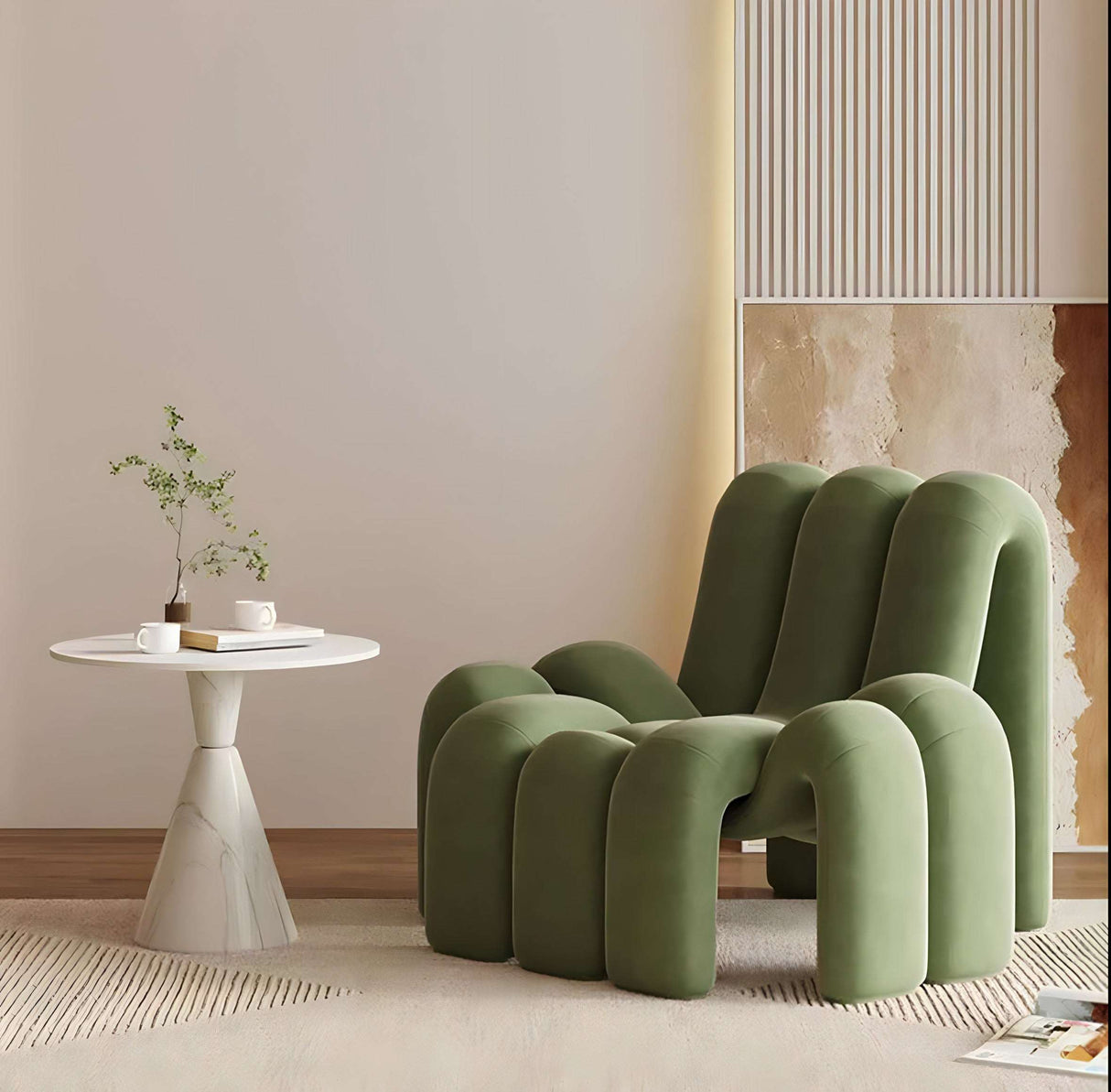 Stylish Nisu Home chair in green with a modern design next to a minimalist side table
