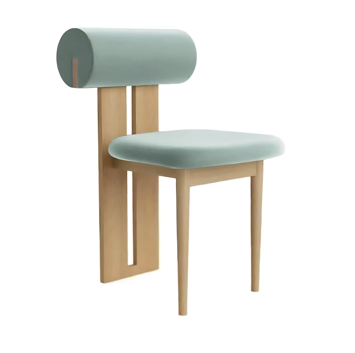 Modern Nisu Home Chair with a unique roll-back design and soft teal upholstery