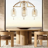 Stylish wooden dining table with Nisu Home chairs, featuring elegant lighting overhead and scenic views