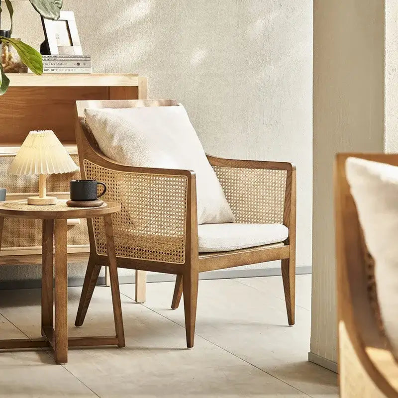 Nisu Home Wooden Chair with Cane Back and Cushion for Stylish Living Room Decor
