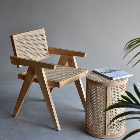 Nisu Home Wooden Chair with Rattan Seat and Backrest for Stylish Living Spaces