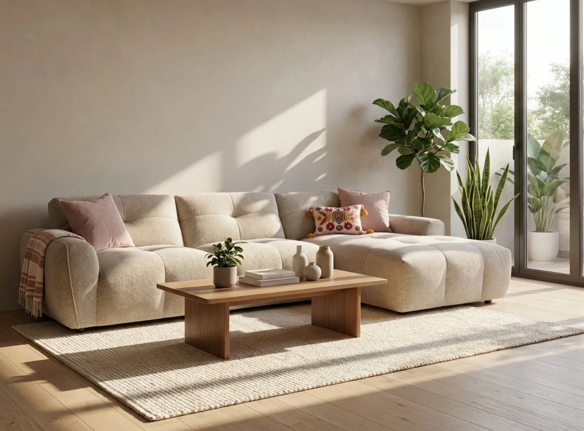 Stylish corner sofa featuring a chaise lounge, perfect for modern living rooms with natural light