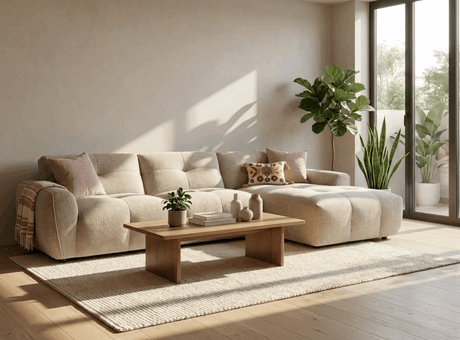 Stylish corner sofa featuring a chaise lounge, perfect for modern living rooms with natural light