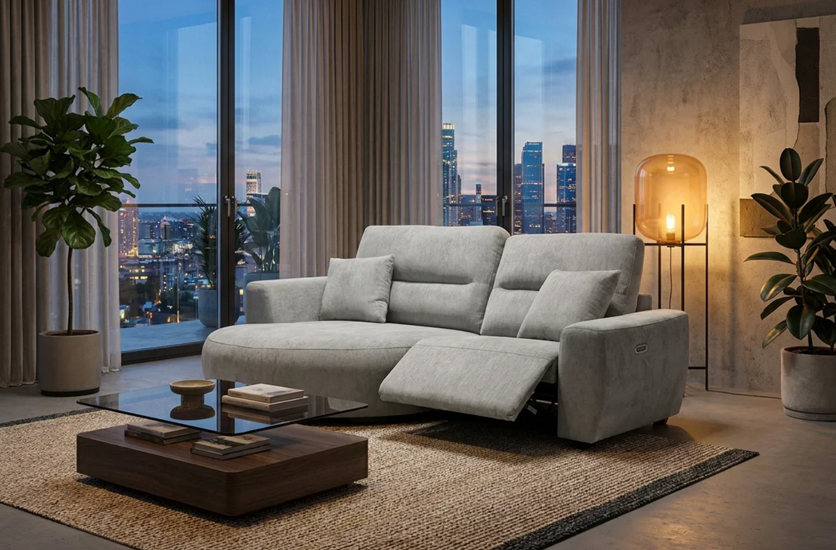 Modern grey Chaise Lounge with reclining feature and stylish design in a contemporary living room