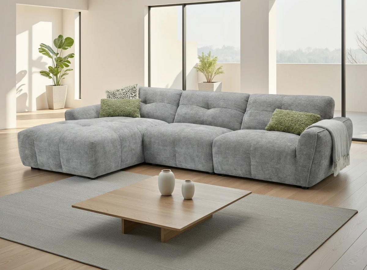 Modern Grey Corner Sofa with Chaise Lounge and Comfortable Cushions for Chic Living Spaces