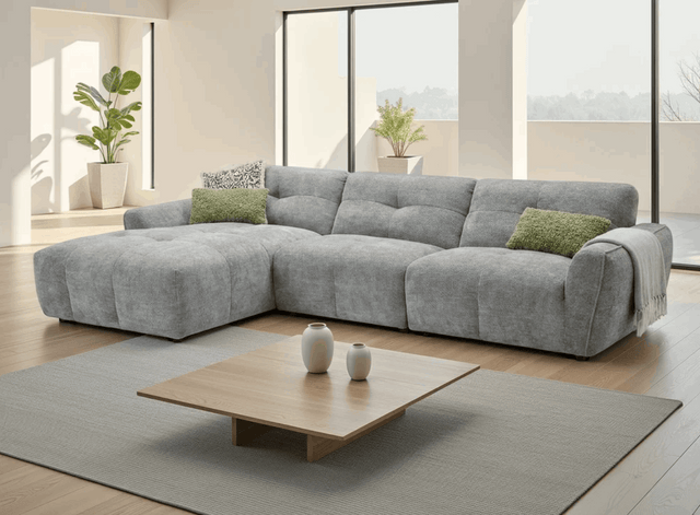 Modern Grey Corner Sofa with Chaise Lounge and Comfortable Cushions for Chic Living Spaces