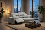 Contemporary grey chaise lounge in modern living room with city view and stylish decor