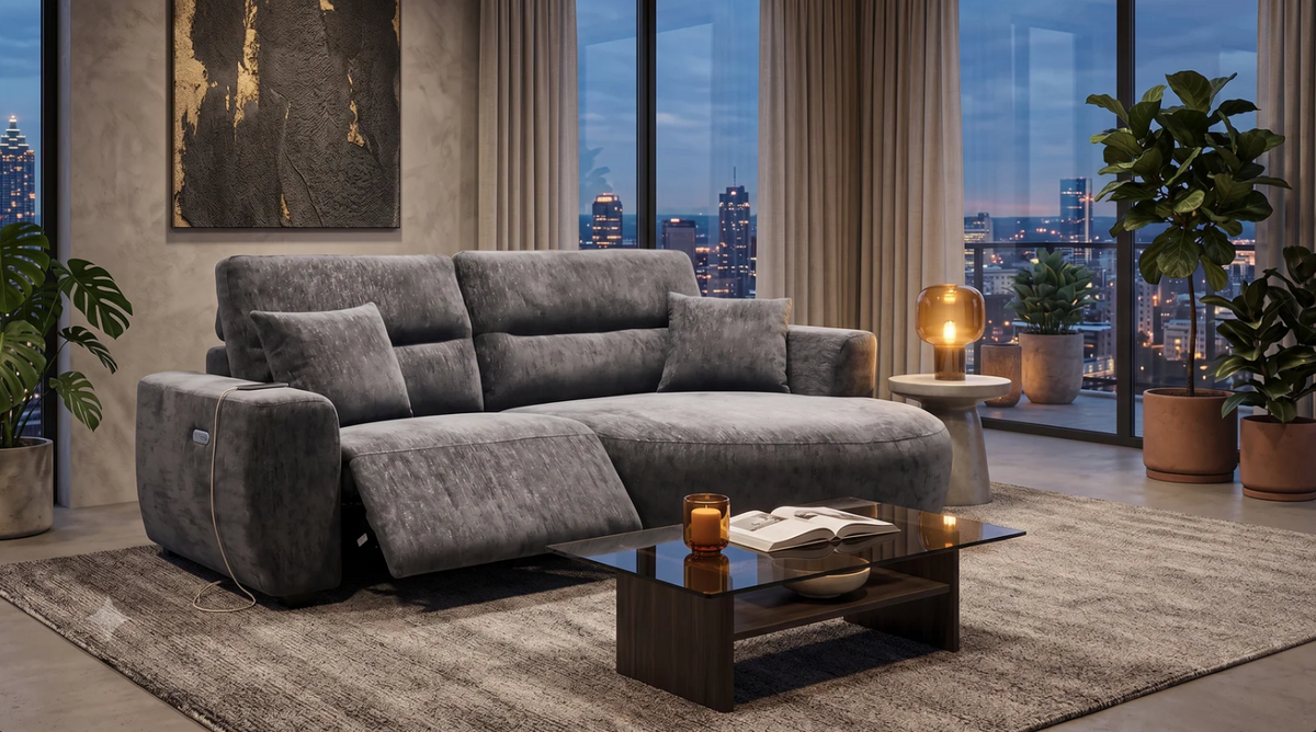 Stylish grey Chaise Lounge in a modern living room with city skyline views