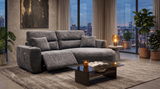 Stylish grey Chaise Lounge in a modern living room with city skyline views