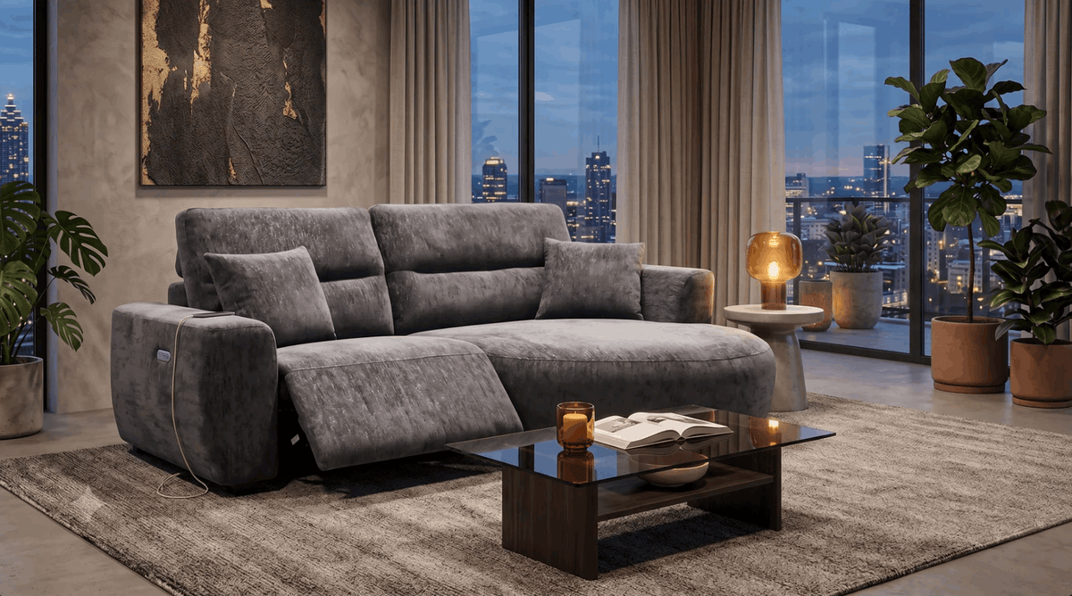 Stylish grey Chaise Lounge in a modern living room with city skyline views