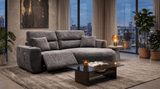 Stylish grey Chaise Lounge in a modern living room with city skyline views