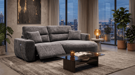 Stylish grey Chaise Lounge in a modern living room with city skyline views