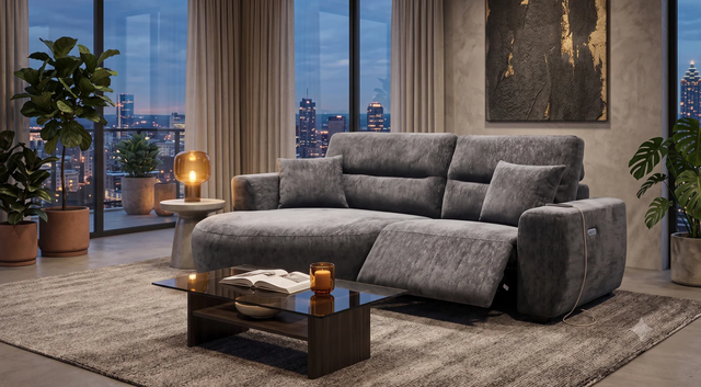Modern grey Chaise Lounge in a stylish living room with city skyline views