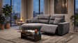 Modern grey Chaise Lounge in a stylish living room with city skyline views