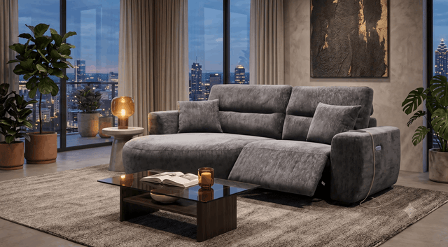 Modern grey Chaise Lounge in a stylish living room with city skyline views