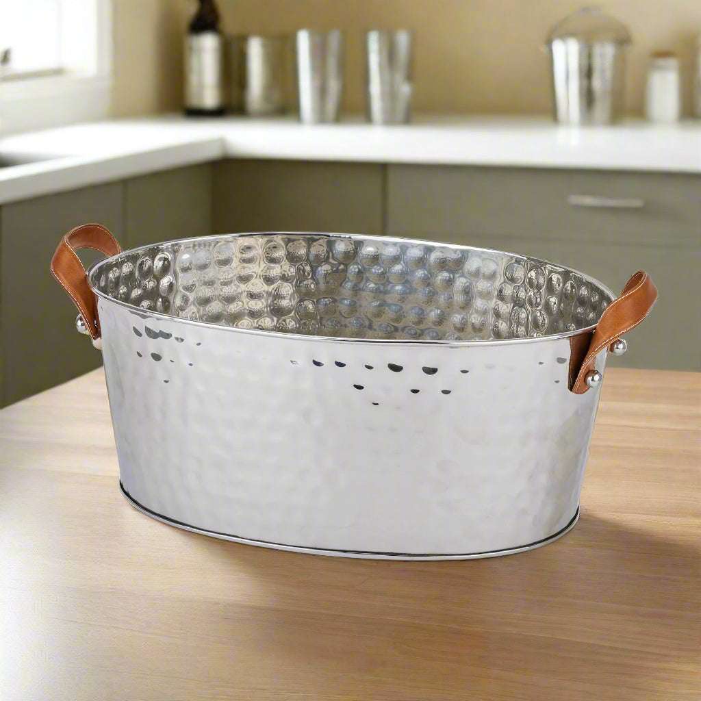Silver Large Leather Handled Champagne Cooler METAL Shades 4 Seasons