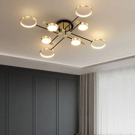 Modern chandelier with circular light fixtures in a stylish interior setting