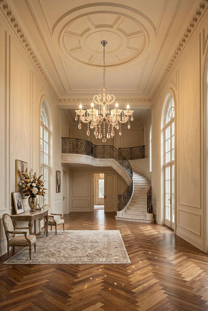 Elegant Orsina chandelier illuminating a grand foyer with a staircase and decorative details
