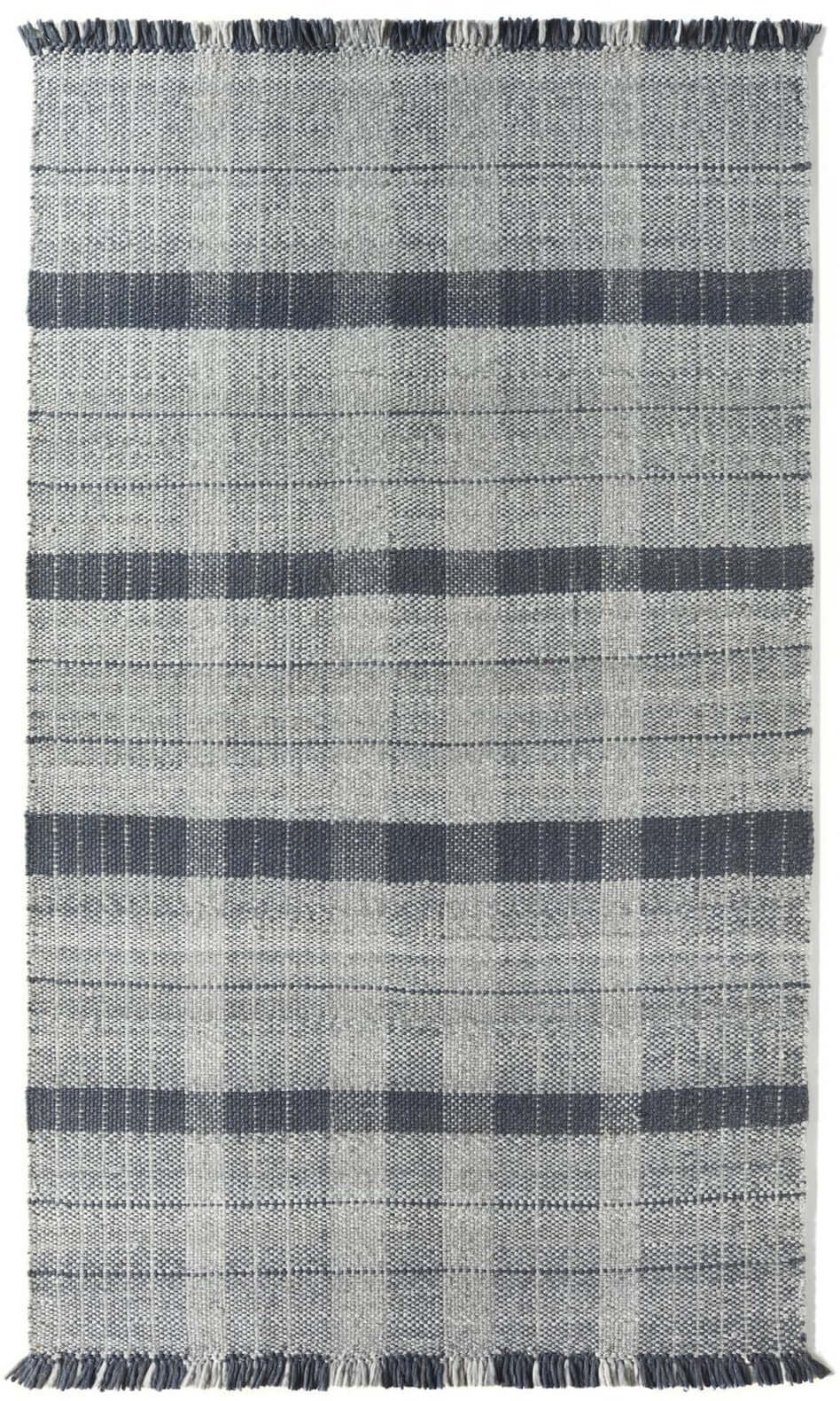 Stylish Checkered Rug in grey and navy tones with fringed edges for modern interiors