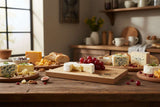 Selbrae House Cheese Board with assorted cheeses, grapes, and bread on a rustic wooden table