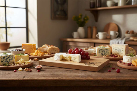 Selbrae House Cheese Board with assorted cheeses, grapes, and bread on a rustic wooden table